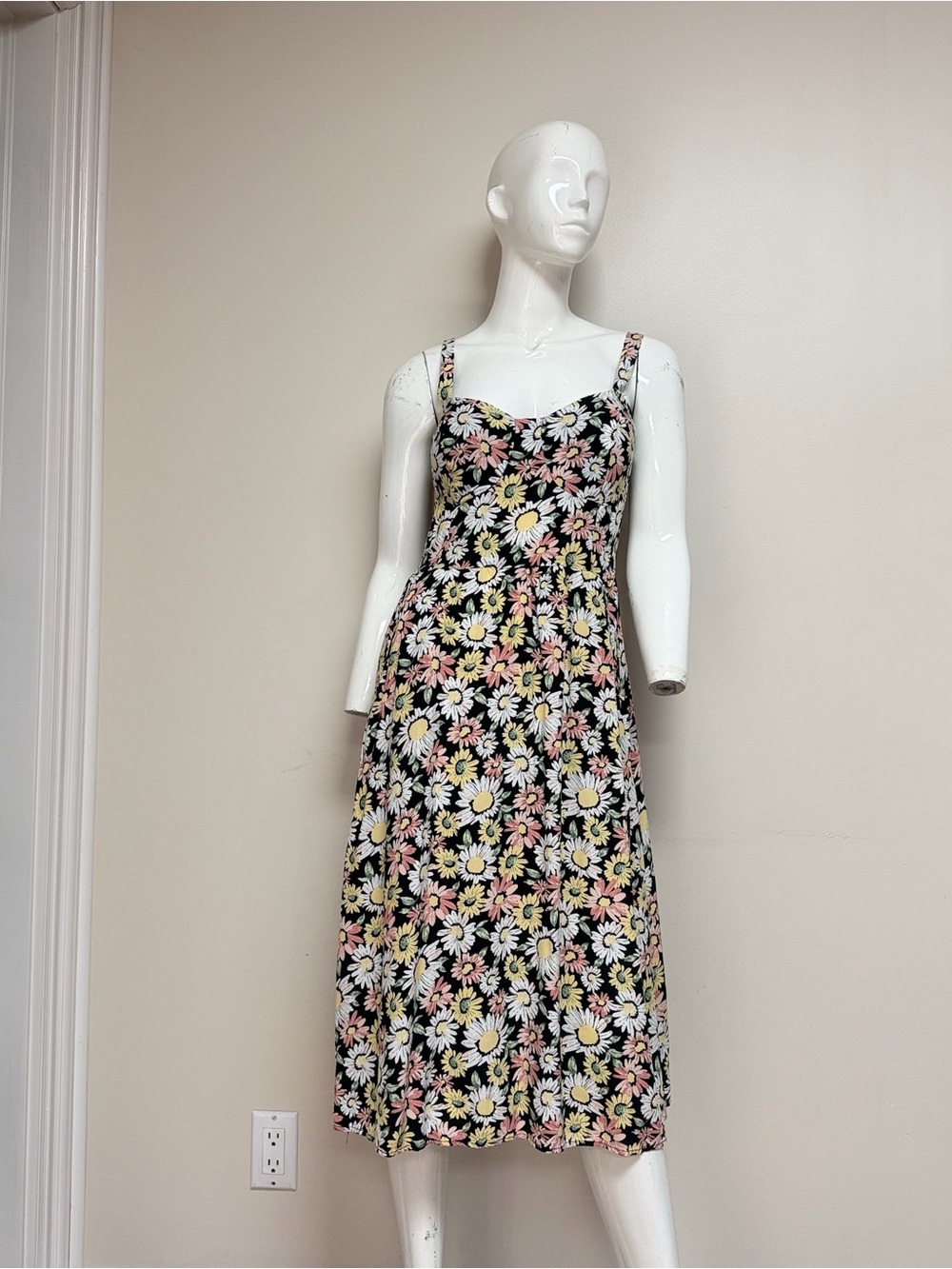 Auw Floral Midi Sundress Women Large Black Yellow Daisy Sweetheart Rayon Cami